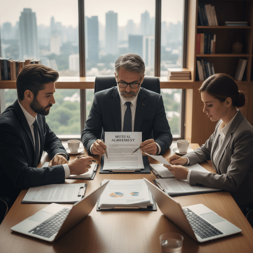 Professional meeting discussing contract or agreement at desk with paperwork