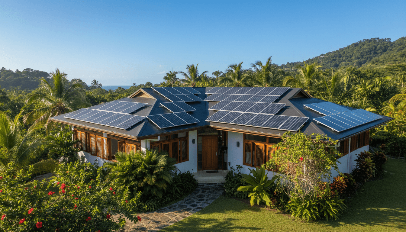 Residential home with rooftop solar panels installed in tropical setting