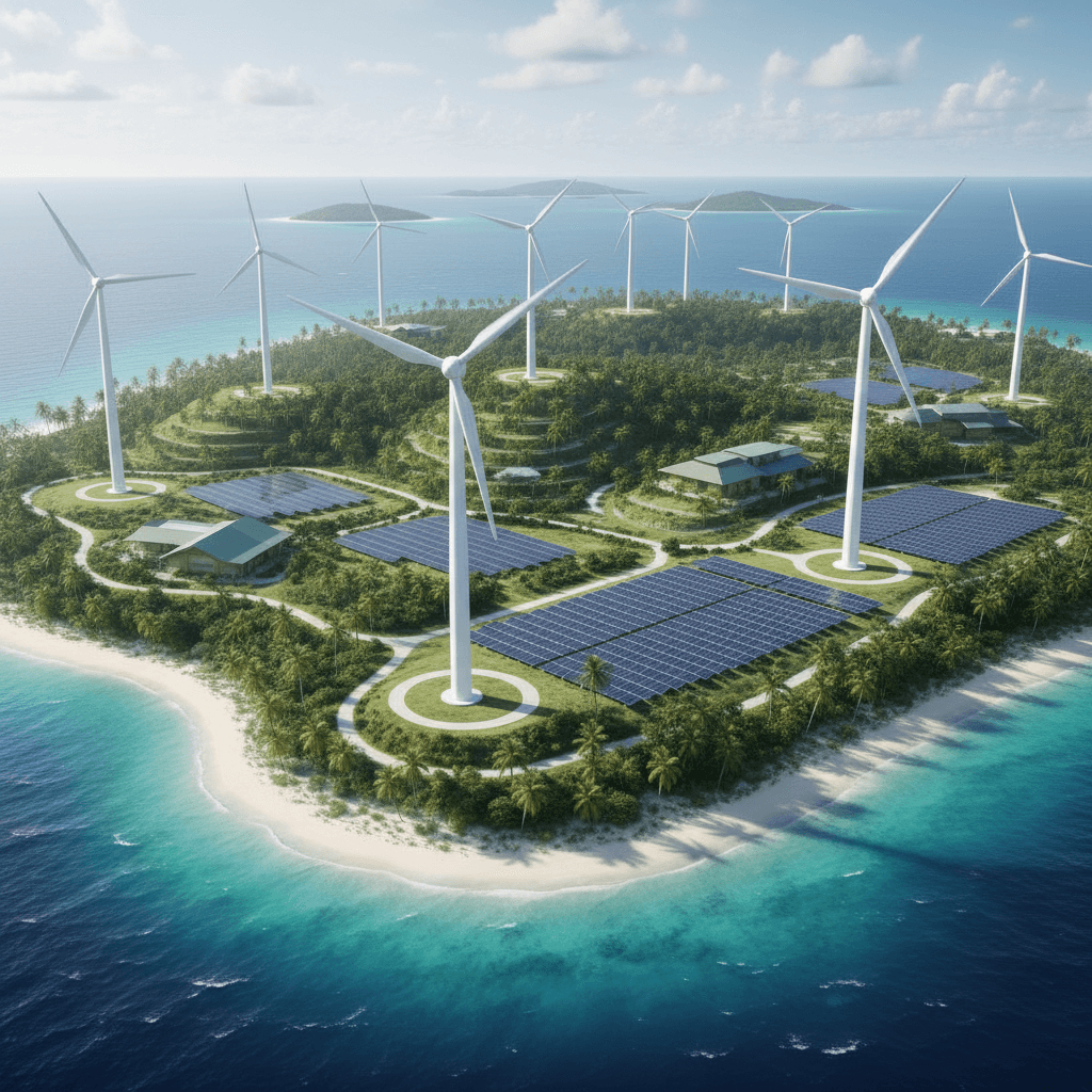 Tropical island landscape with renewable energy wind turbines and solar panels