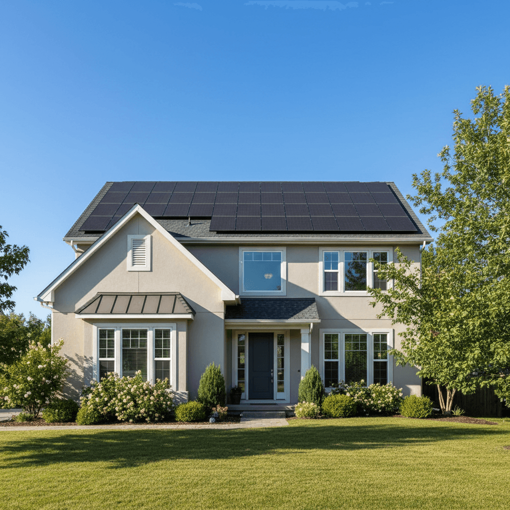 Residential home with solar panels on roof sunny day bright clear sky