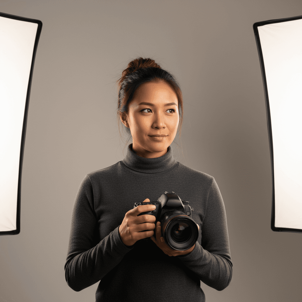 Professional female photographer wearing dark turtleneck against neutral gray studio backdrop