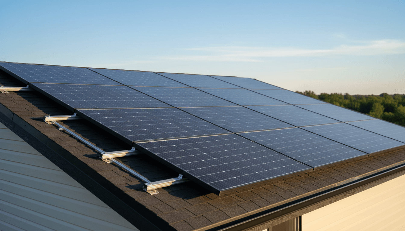 Residential rooftop with solar panels installed against clear sky