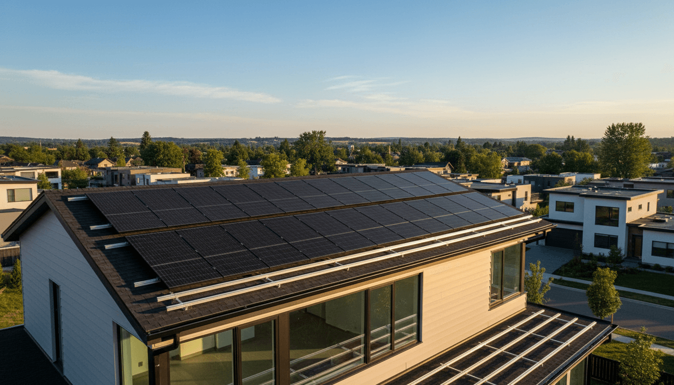 Modern residential home with solar panels installed on the roof, bright sunlight illuminating the installation